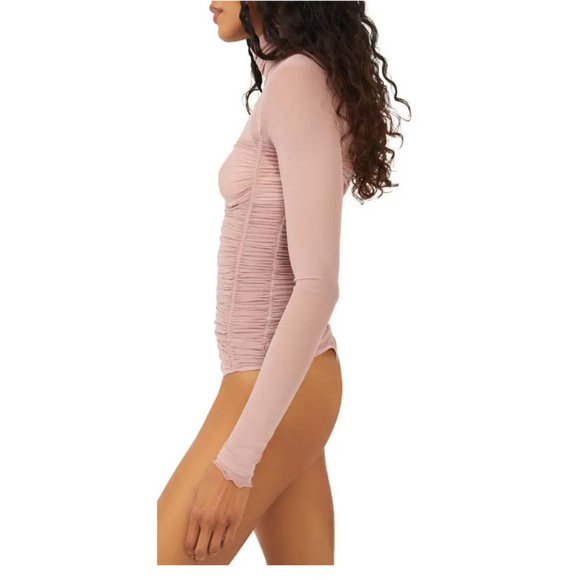NWT Free People Under It All Ruched Mesh Turtleneck Bodysuit in Blush si… - Picture 3 of 7